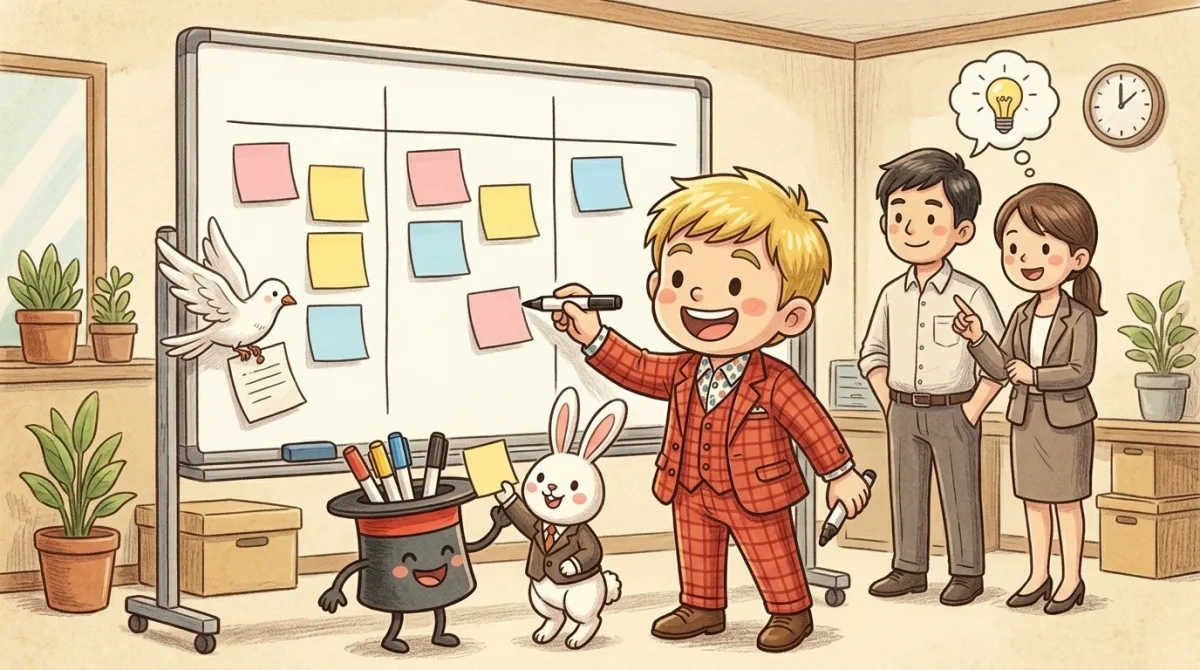ホワイトボードに付箋を並べて業務を仕分けする様子のイラスト。AIに渡す仕事を決める業務棚卸しの場面